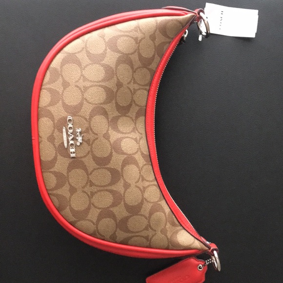 New Coach CR283 Aria Shoulder bag Logo Signature Khaki / Miami Red - Picture 7 of 7